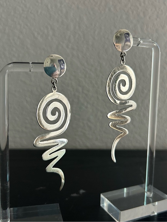 Taxco Jewelry - XL Spiral Squiggle Dangle Sterling Silver Statement Earrings - Vintage 1970s